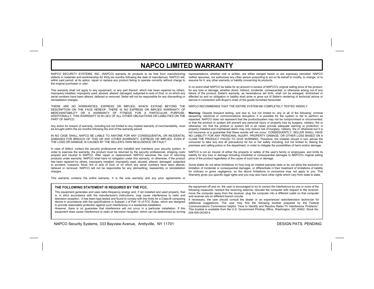 Napco limited warranty | Napco Security Technologies GEM-K1CA User Manual | Page 40 / 40