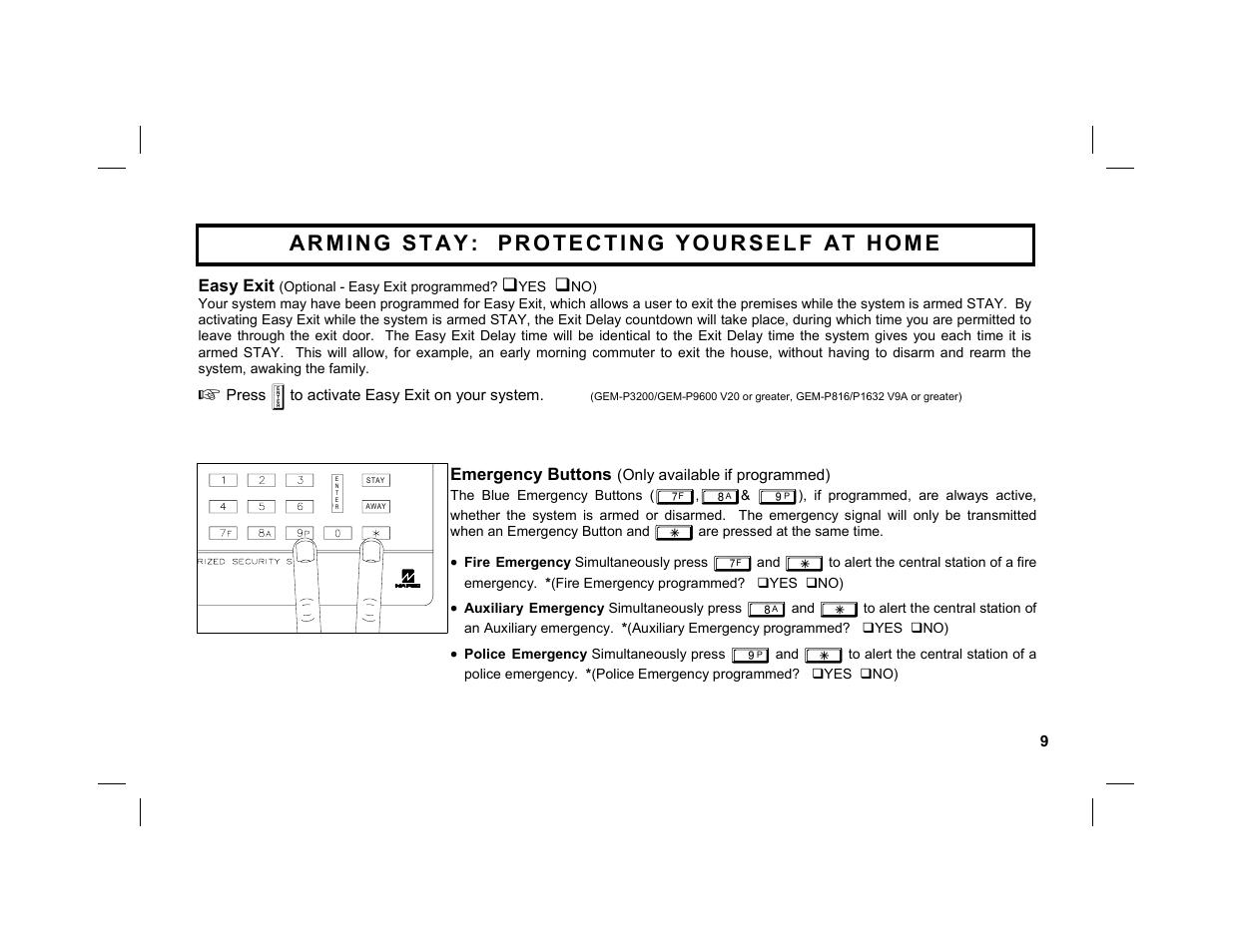 Easy exit, Emergency buttons | Napco Security Technologies GEM-K1CA User Manual | Page 9 / 40