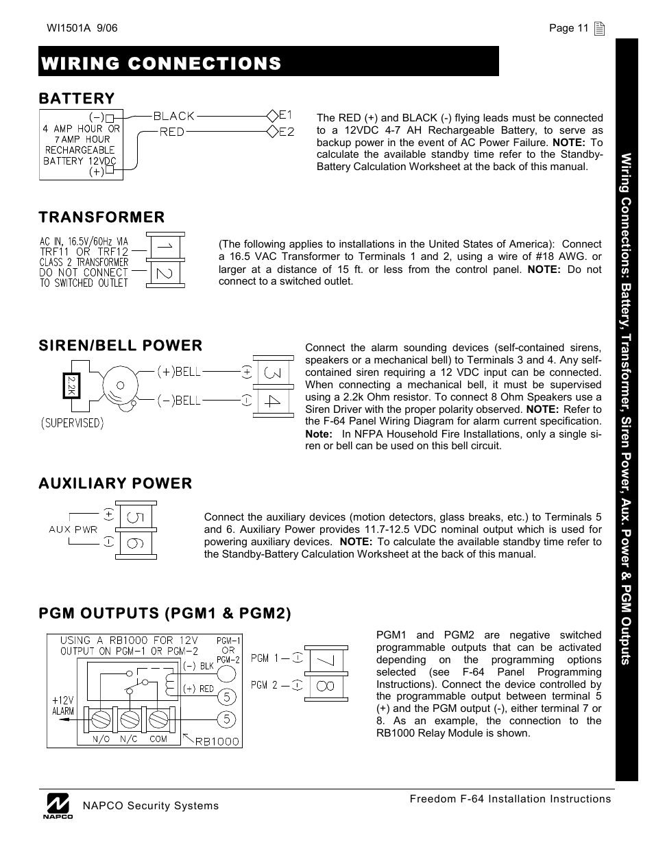 Wiring connections | Napco Security Technologies WI1501A User Manual | Page 11 / 44