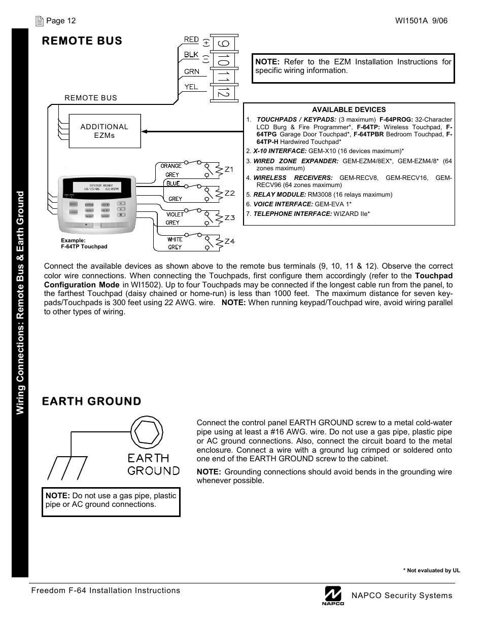 Remote bus, Earth ground | Napco Security Technologies WI1501A User Manual | Page 12 / 44