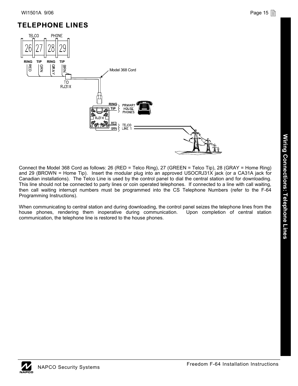 Telephone lines | Napco Security Technologies WI1501A User Manual | Page 15 / 44