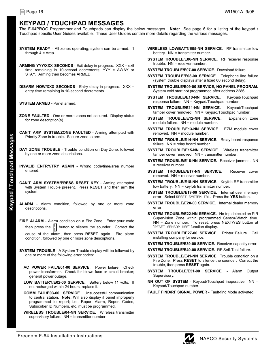 Keypad / touchpad messages, Ke yp ad / t ouchp ad m essages | Napco Security Technologies WI1501A User Manual | Page 16 / 44