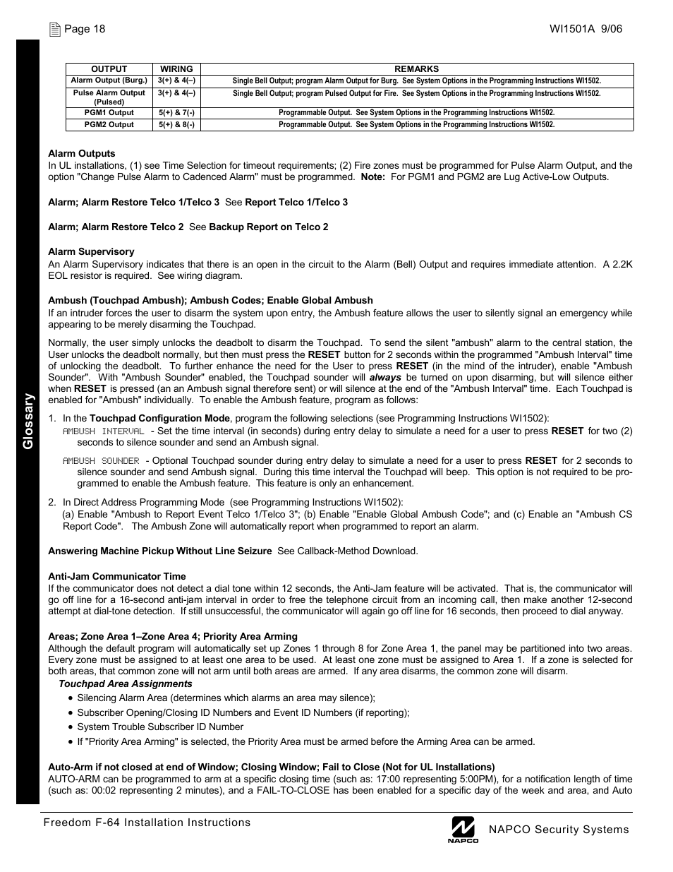 Glo ssar y | Napco Security Technologies WI1501A User Manual | Page 18 / 44