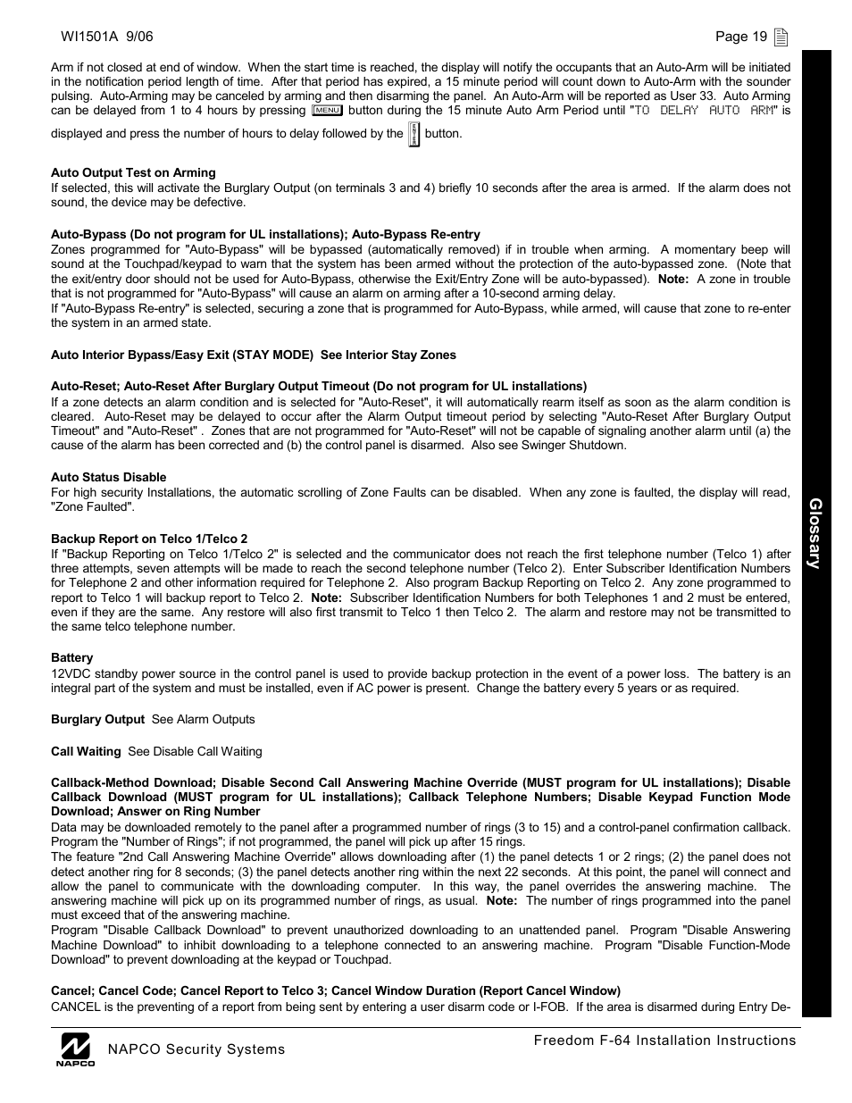 Napco Security Technologies WI1501A User Manual | Page 19 / 44