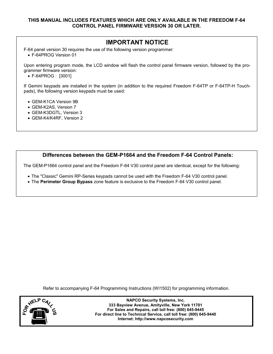 Important notice | Napco Security Technologies WI1501A User Manual | Page 2 / 44