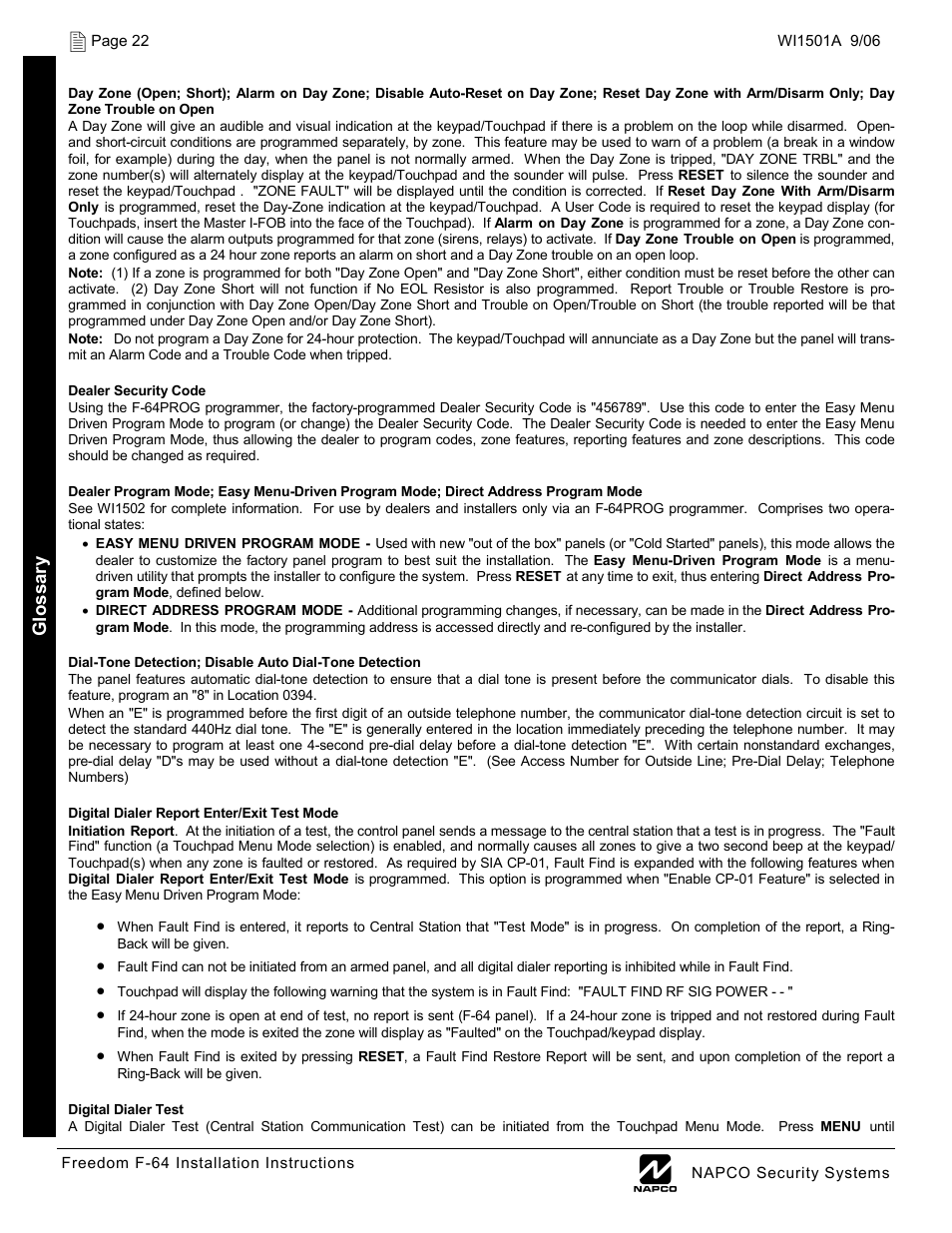 Napco Security Technologies WI1501A User Manual | Page 22 / 44