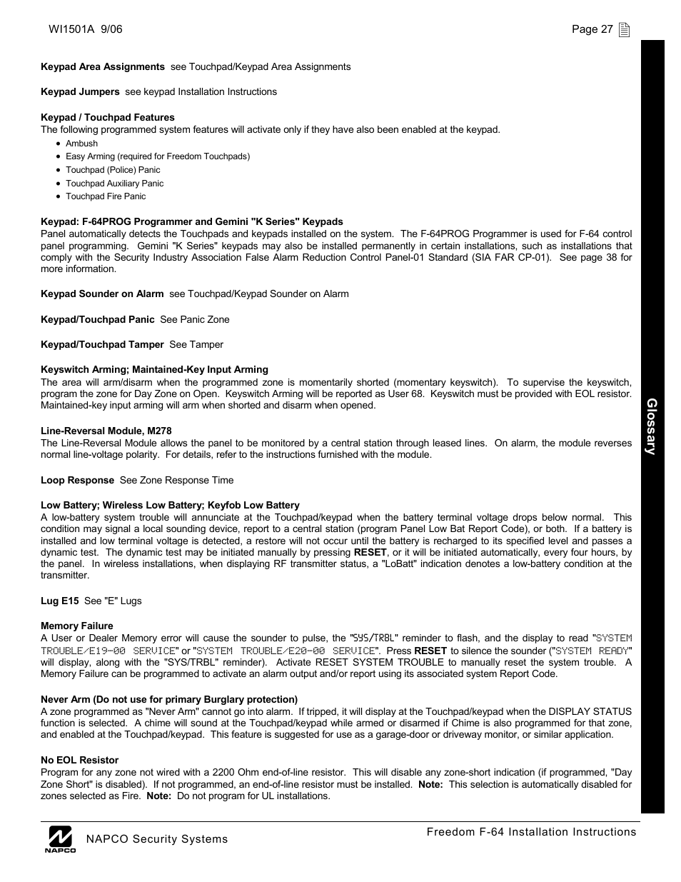 Napco Security Technologies WI1501A User Manual | Page 27 / 44