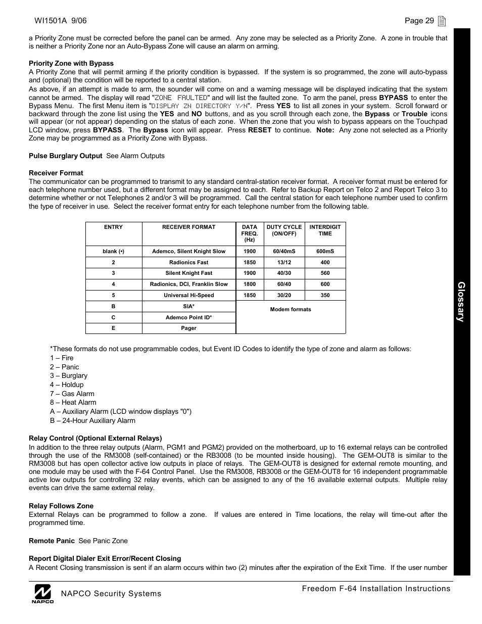 Glossar y | Napco Security Technologies WI1501A User Manual | Page 29 / 44