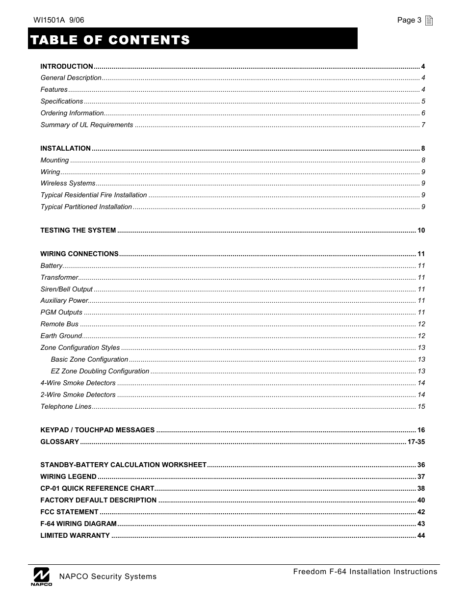 Napco Security Technologies WI1501A User Manual | Page 3 / 44