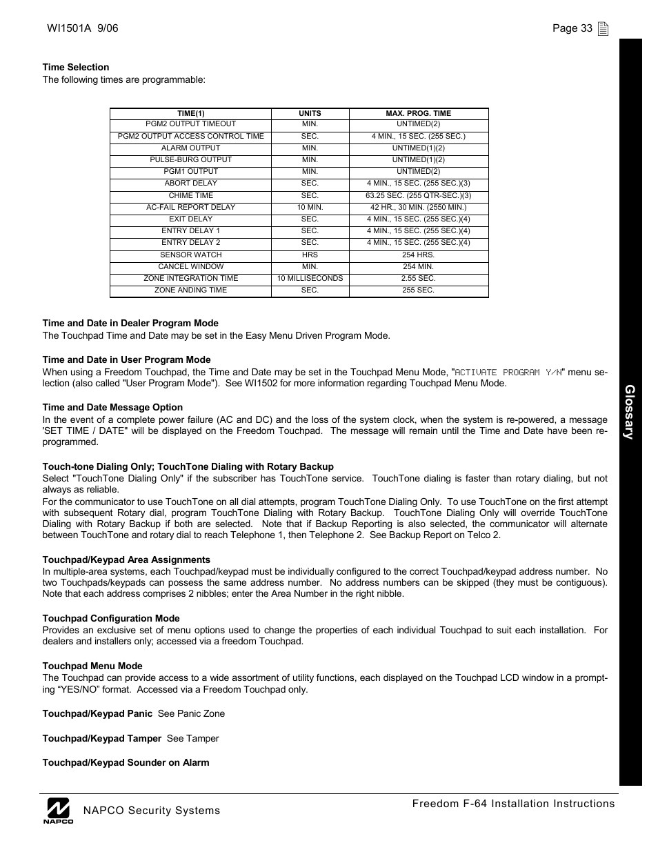Glossar y, Page 33 | Napco Security Technologies WI1501A User Manual | Page 33 / 44
