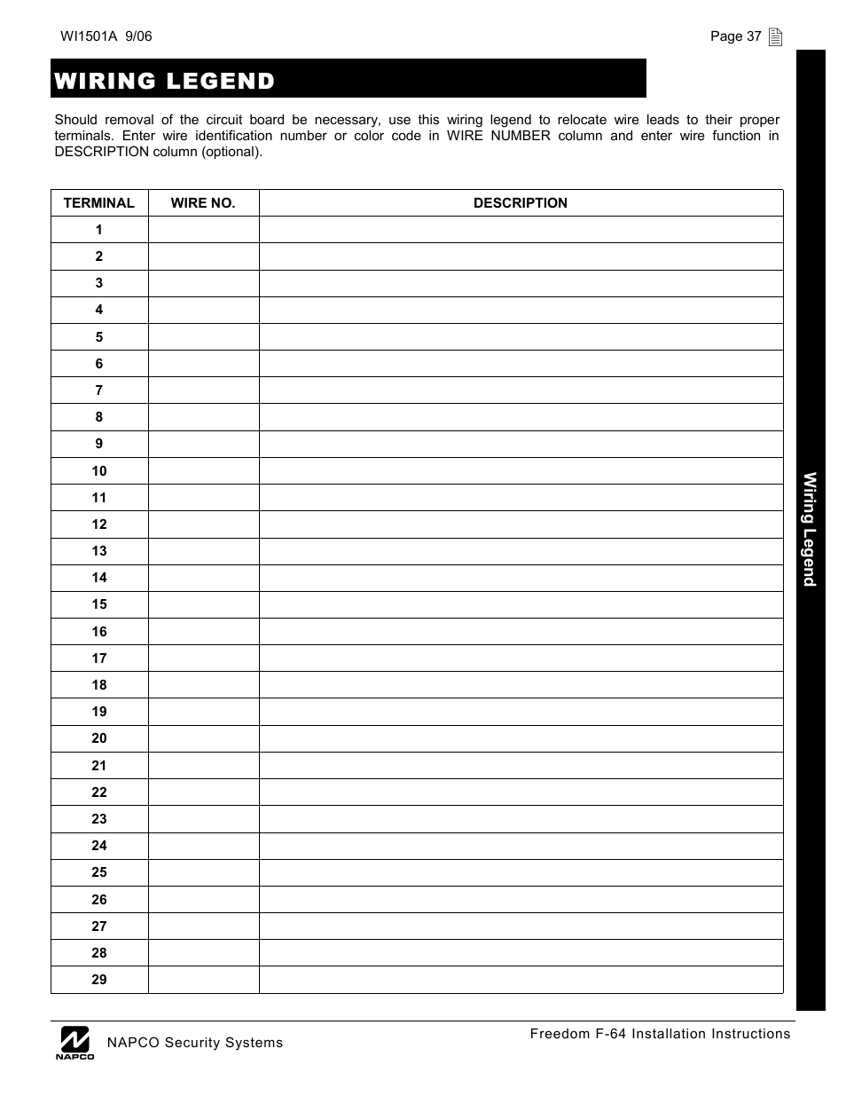 Wiring legend | Napco Security Technologies WI1501A User Manual | Page 37 / 44