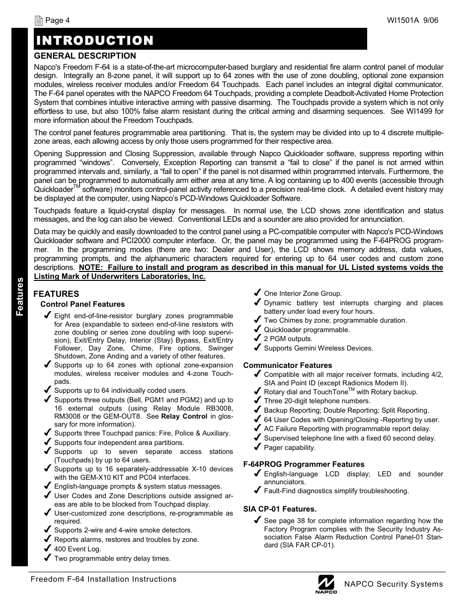 Introduction | Napco Security Technologies WI1501A User Manual | Page 4 / 44