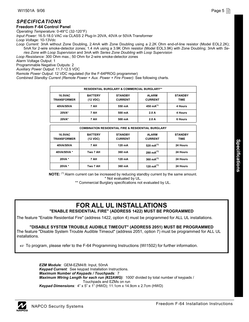For all ul installations, Specifications, Sp ecification s | Napco Security Technologies WI1501A User Manual | Page 5 / 44