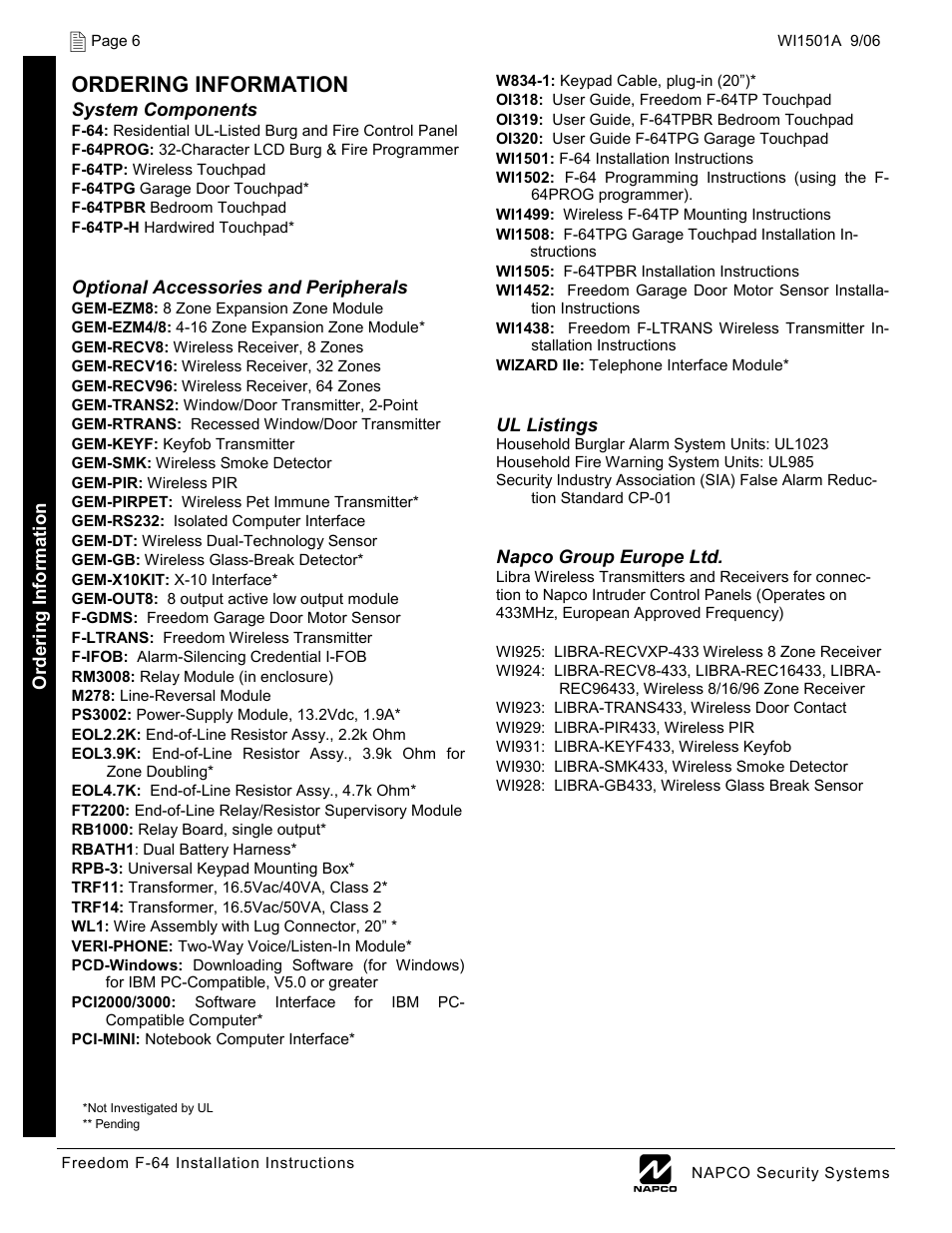 Ordering information | Napco Security Technologies WI1501A User Manual | Page 6 / 44