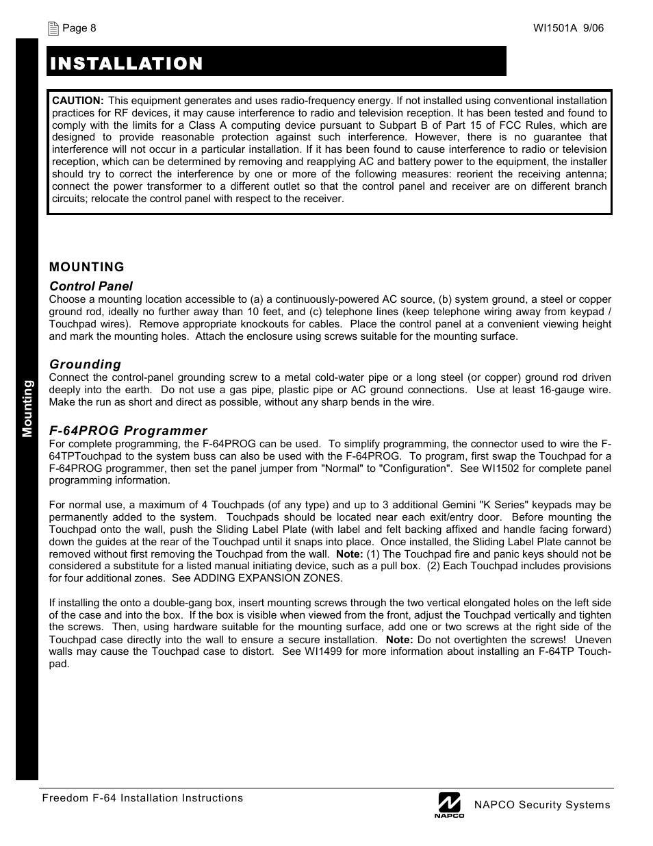 Installation | Napco Security Technologies WI1501A User Manual | Page 8 / 44