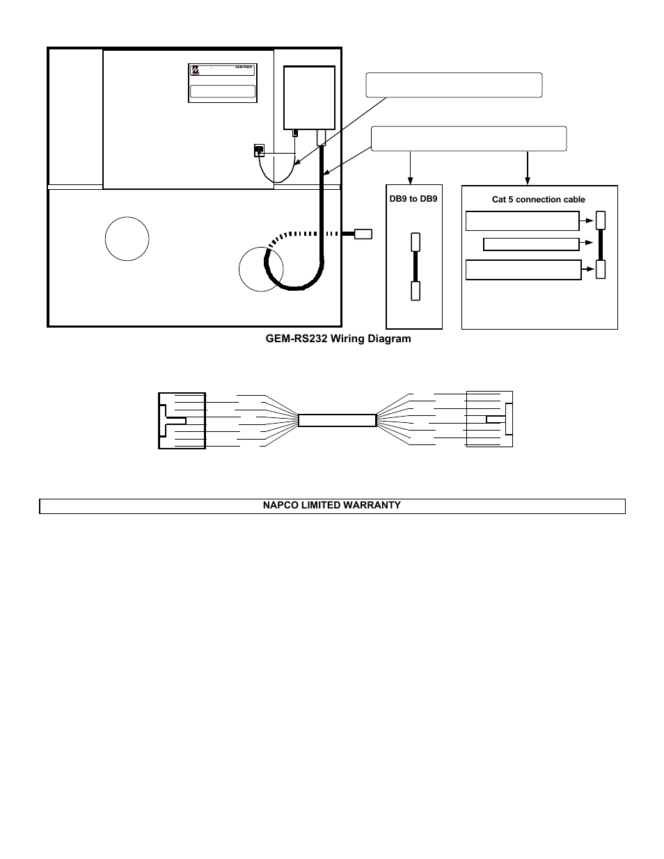 Gem-rs232 wiring diagram, Wiring discipline for cat 5 connectivity, Napco limited warranty | Napco Security Technologies GEM-RS232 User Manual | Page 2 / 2