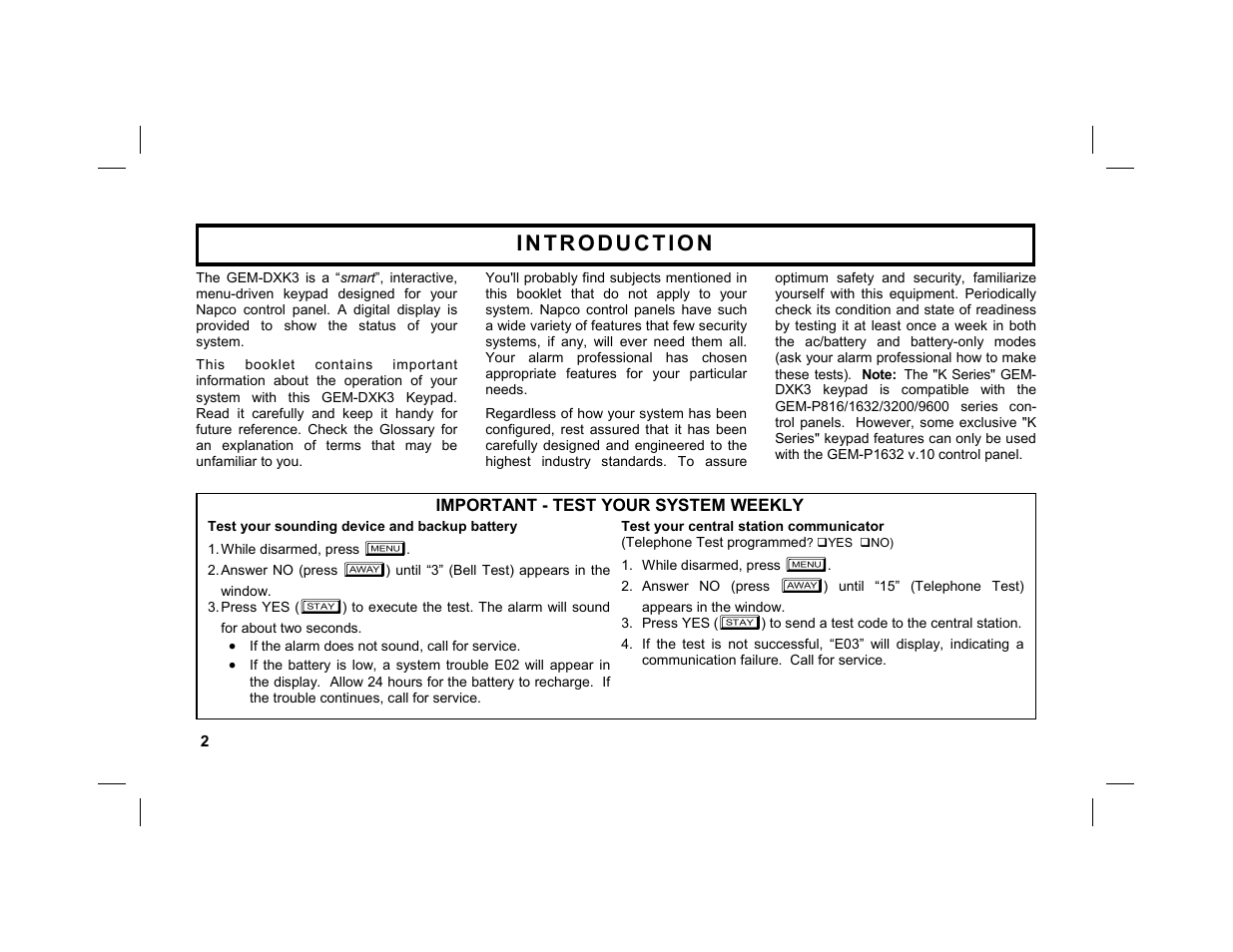 Important - test your system weekly | Napco Security Technologies GEM-DXK3 User Manual | Page 2 / 32