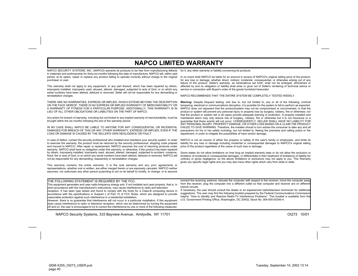 Napco limited warranty | Napco Security Technologies GEM-X255 User Manual | Page 40 / 40