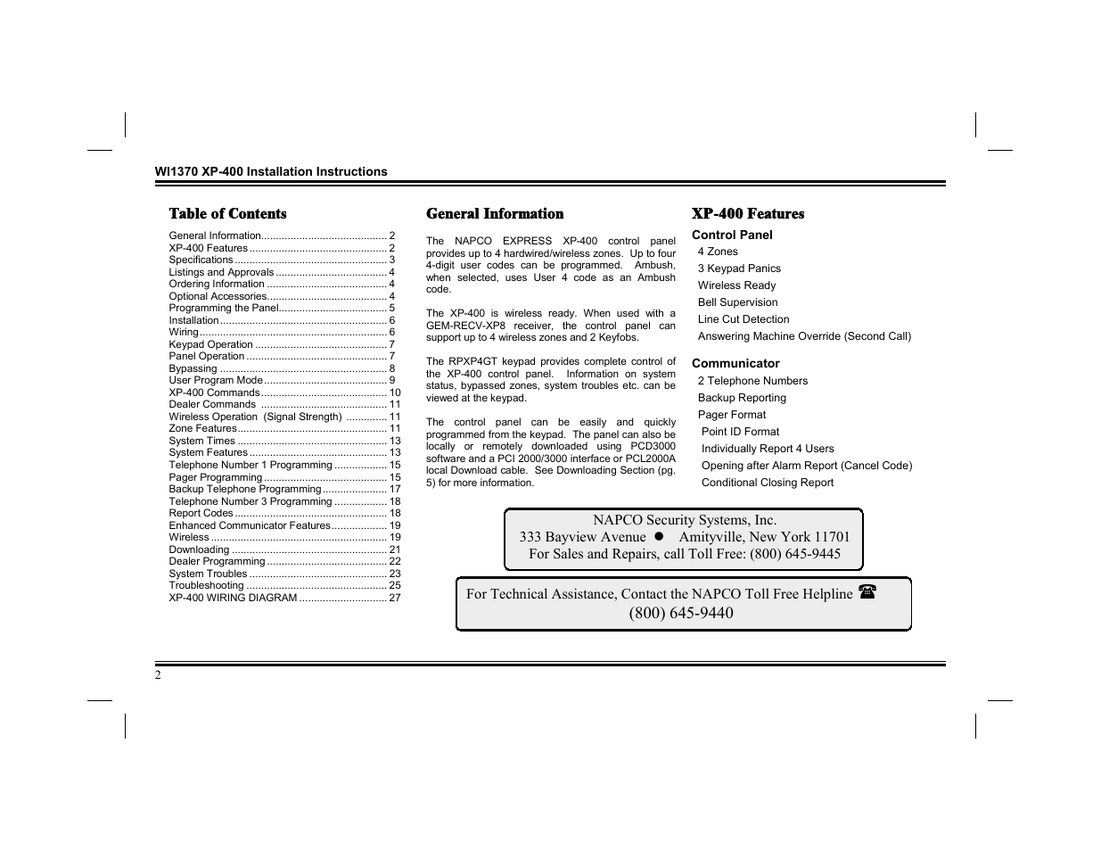 Napco Security Technologies XP-400 User Manual | Page 2 / 28