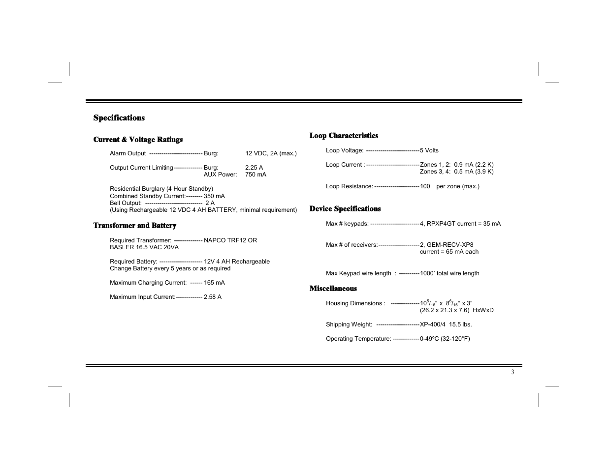 Specifications | Napco Security Technologies XP-400 User Manual | Page 3 / 28