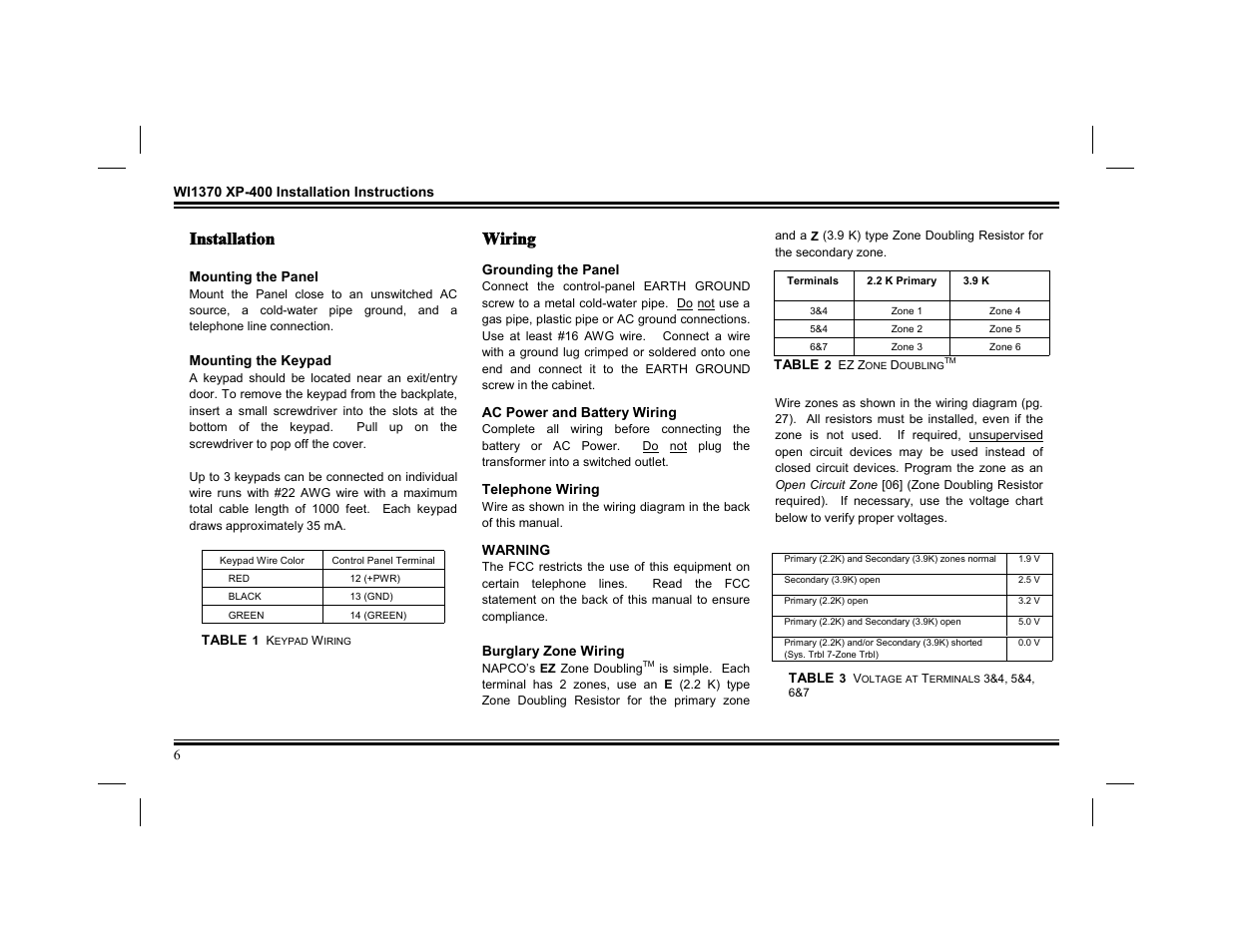 Installation, Wiring | Napco Security Technologies XP-400 User Manual | Page 6 / 28