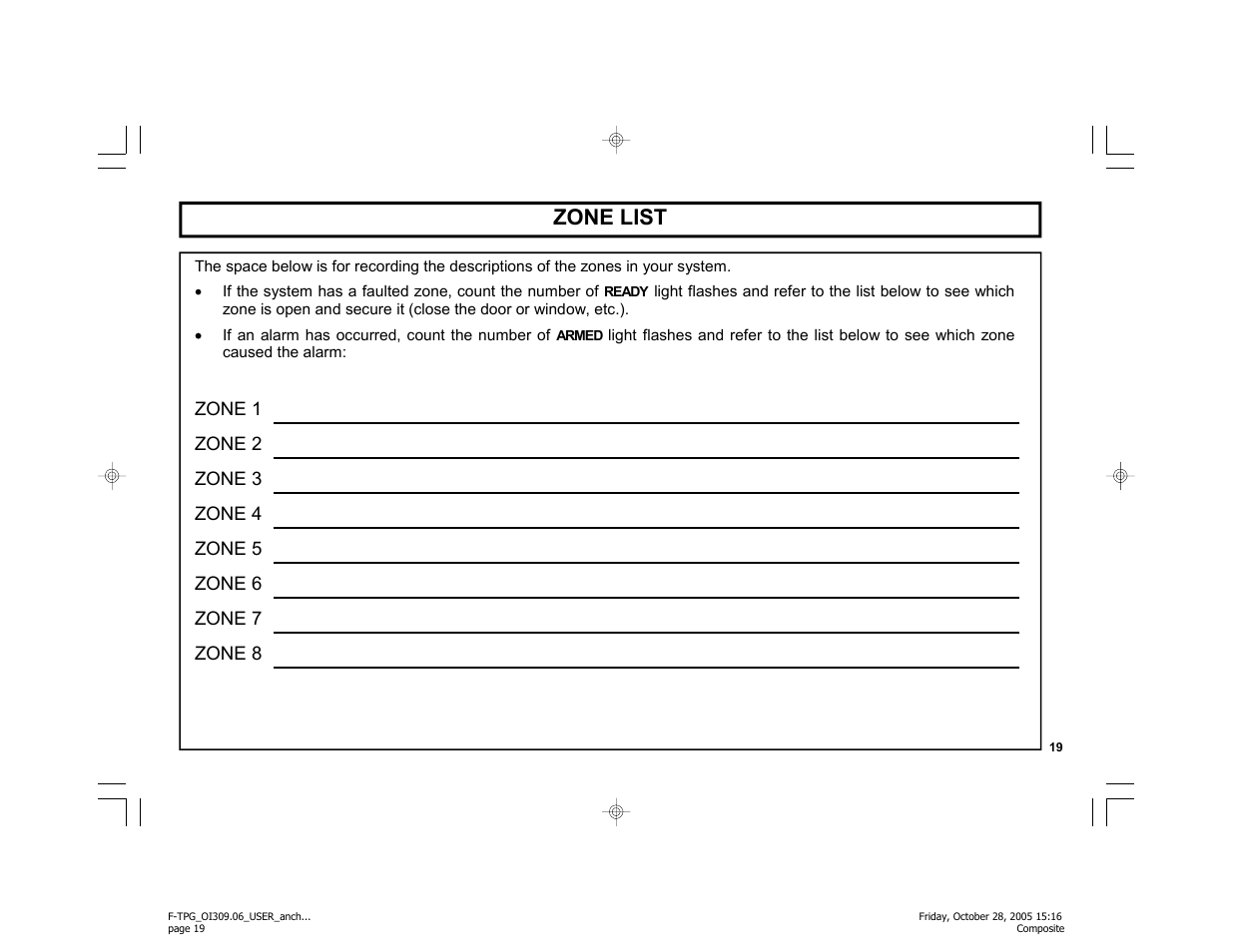 Zone list | Napco Security Technologies F-TPG User Manual | Page 19 / 28