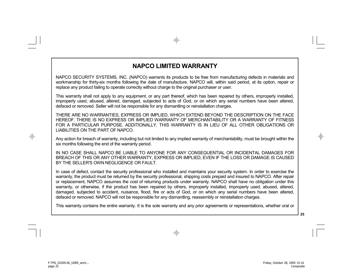 Napco limited warranty | Napco Security Technologies F-TPG User Manual | Page 25 / 28