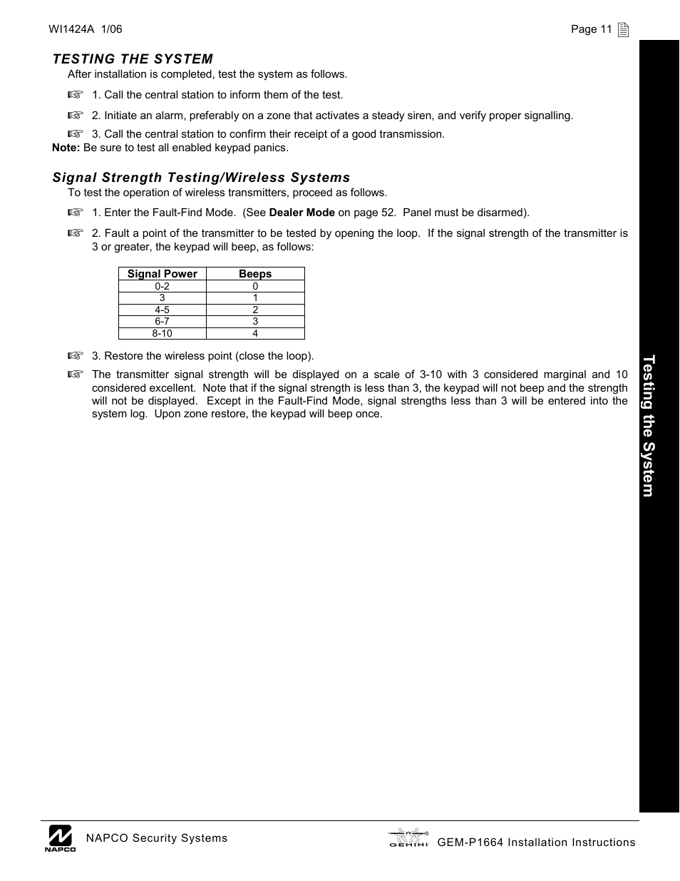 Testing the s ys tem | Napco Security Technologies GEM-P1664 User Manual | Page 11 / 60