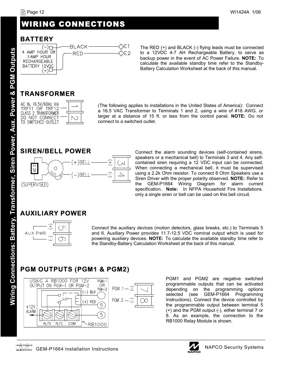 Wiring connections | Napco Security Technologies GEM-P1664 User Manual | Page 12 / 60