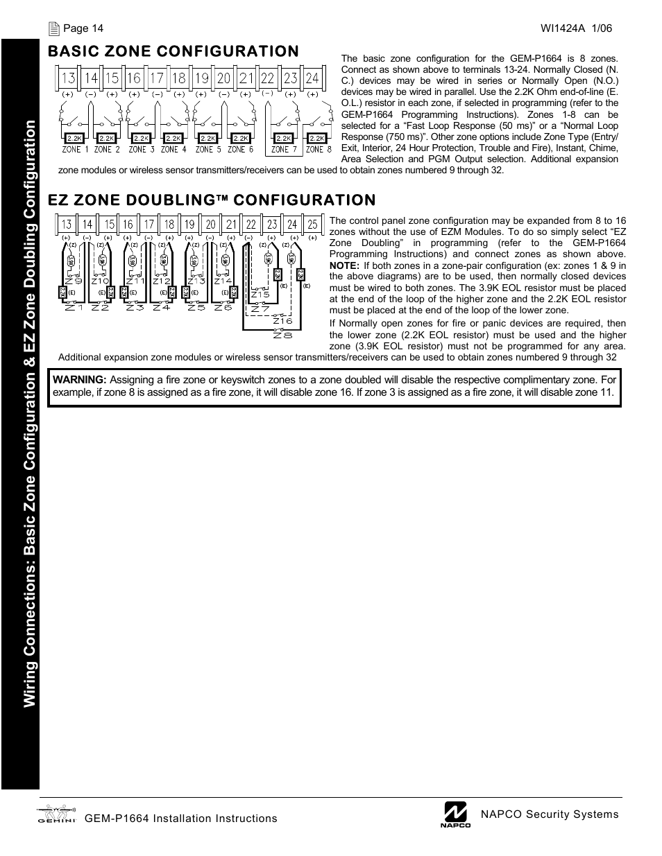 Ez zone doubling, Configuration, Basic zone configuration | Napco Security Technologies GEM-P1664 User Manual | Page 14 / 60