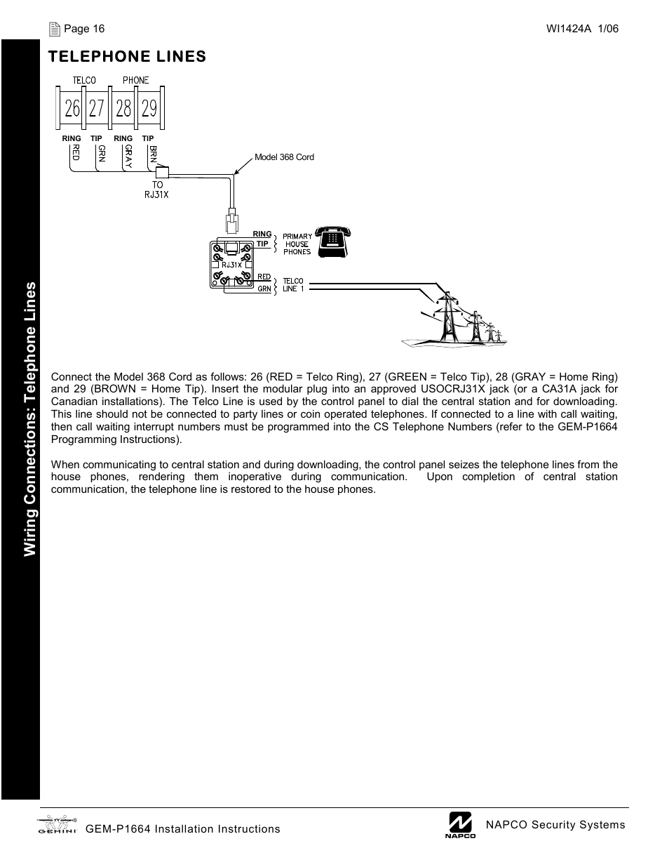 Telephone lines, Wiri ng conne ctions : te lephone lines | Napco Security Technologies GEM-P1664 User Manual | Page 16 / 60