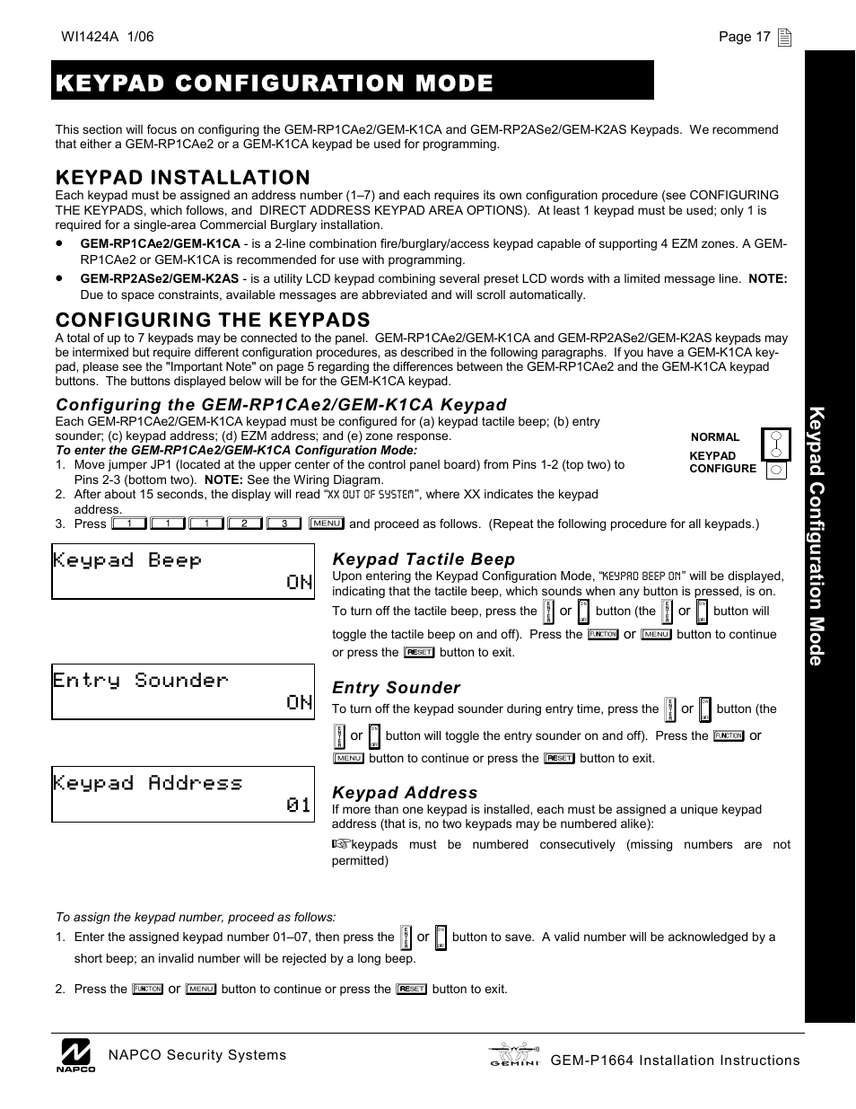 Keypad configuration mode, Keypad beep on, Entry sounder on | Keypad address 01, Keypad installation, Configuring the keypads, Ke yp ad configur ation mode | Napco Security Technologies GEM-P1664 User Manual | Page 17 / 60
