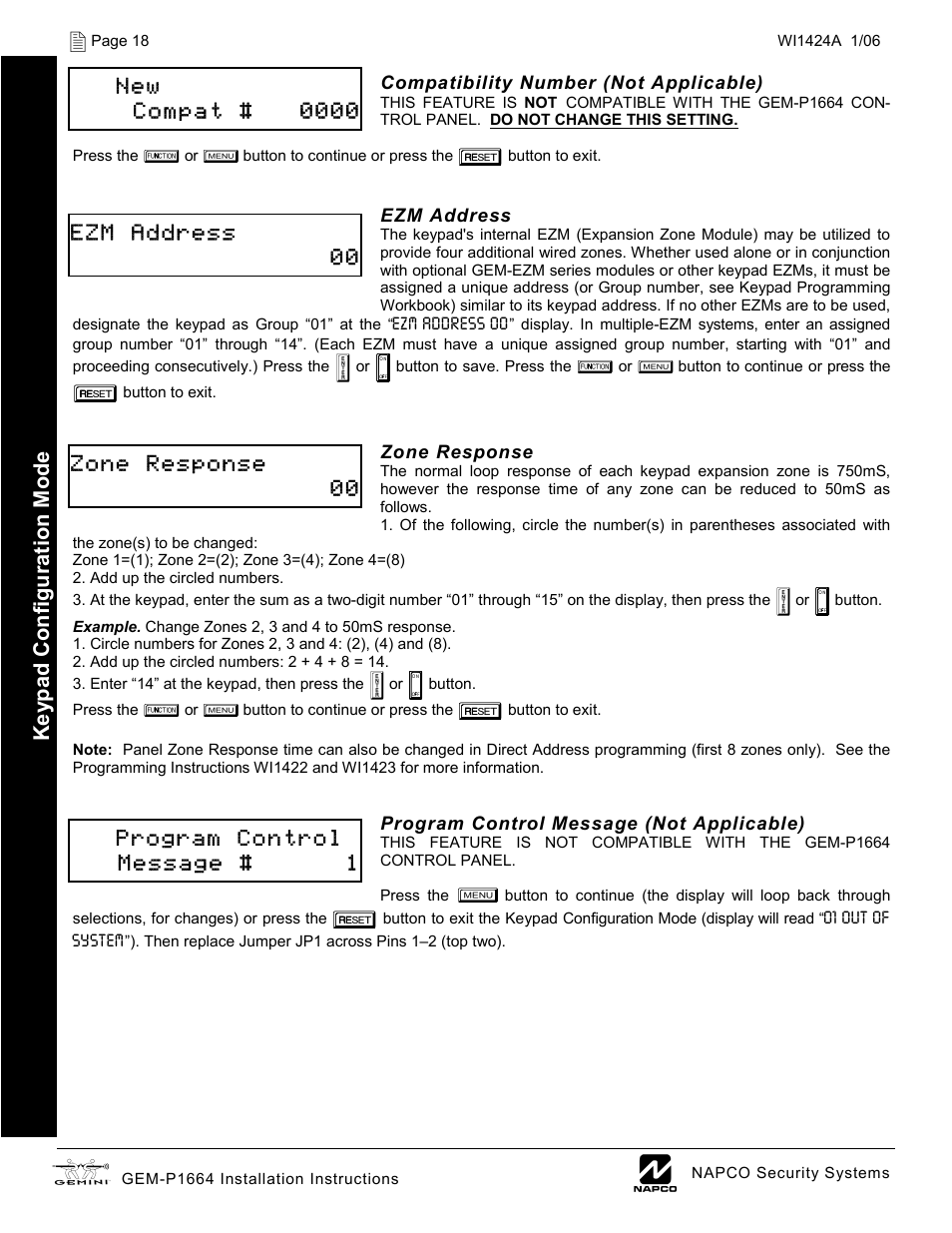 New compat # 0000, Ezm address 00, Zone response 00 | Program control message # 1, Ke yp ad confi gurati on mode | Napco Security Technologies GEM-P1664 User Manual | Page 18 / 60