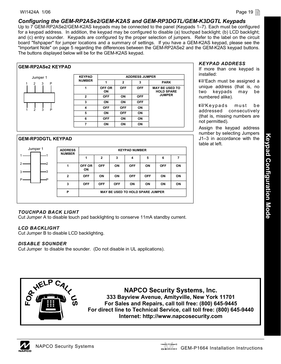 Ke yp ad configur ation mode, Napco security systems, inc | Napco Security Technologies GEM-P1664 User Manual | Page 19 / 60
