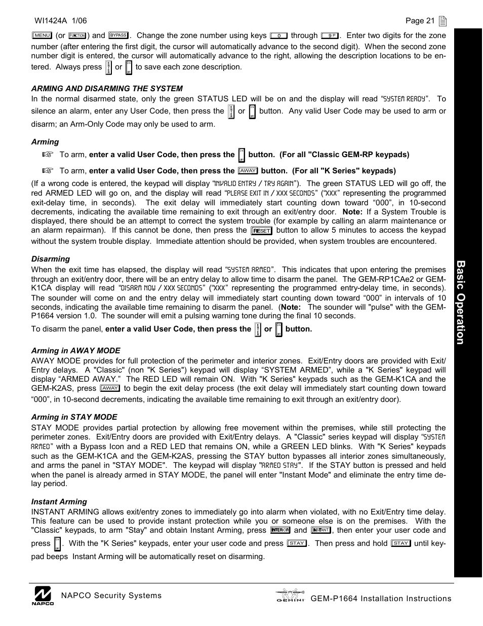 Basic op eratio n | Napco Security Technologies GEM-P1664 User Manual | Page 21 / 60