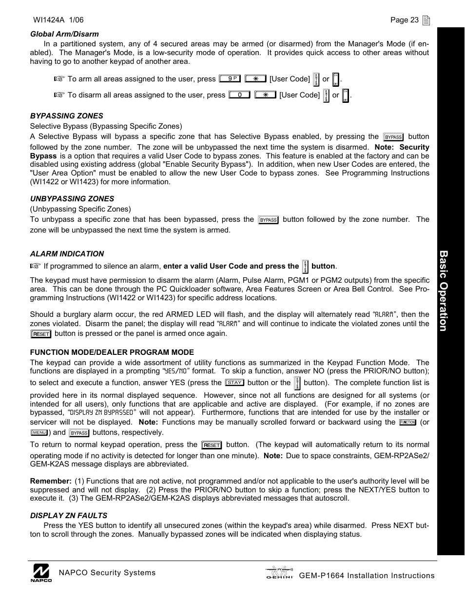 Basic op eratio n | Napco Security Technologies GEM-P1664 User Manual | Page 23 / 60