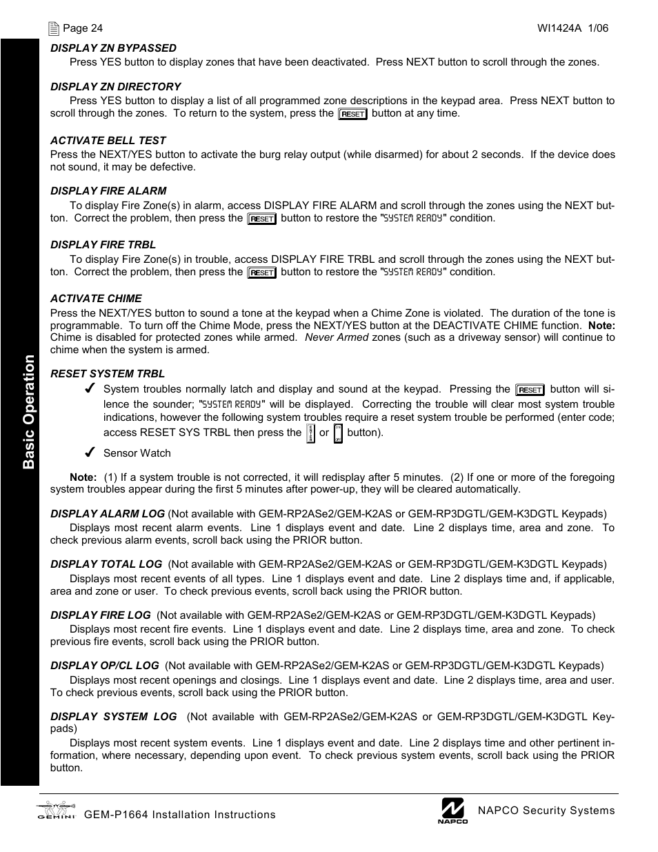 Basic op eratio n | Napco Security Technologies GEM-P1664 User Manual | Page 24 / 60
