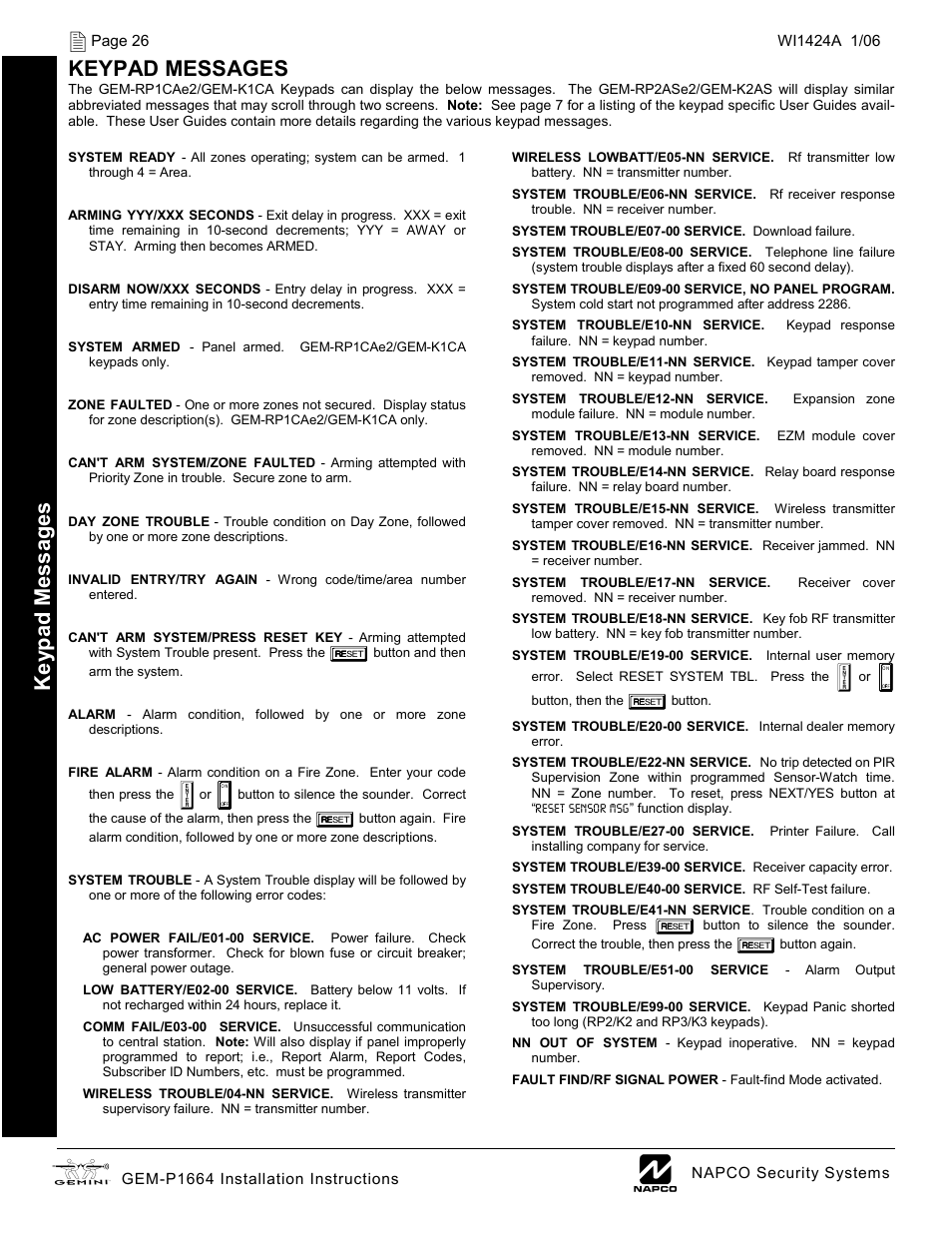 Keypad messages, Ke yp ad messag e s | Napco Security Technologies GEM-P1664 User Manual | Page 26 / 60