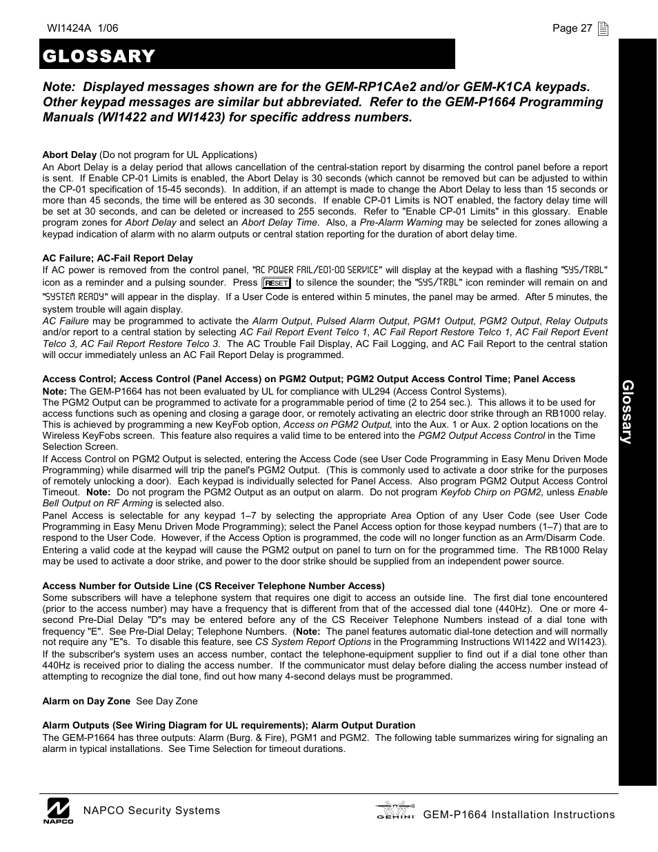 Glossary, Glossar y | Napco Security Technologies GEM-P1664 User Manual | Page 27 / 60