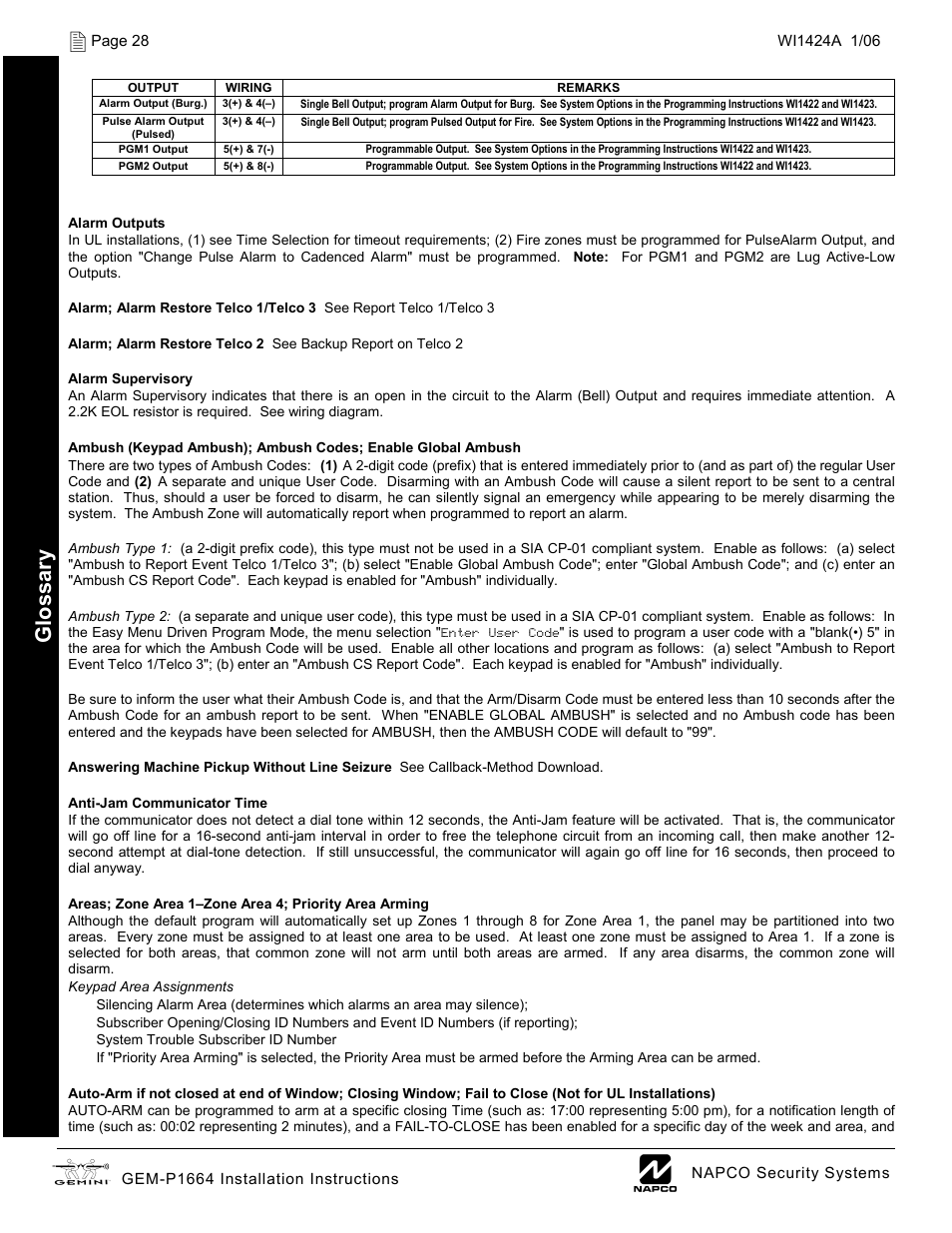 Gl oss ar y | Napco Security Technologies GEM-P1664 User Manual | Page 28 / 60