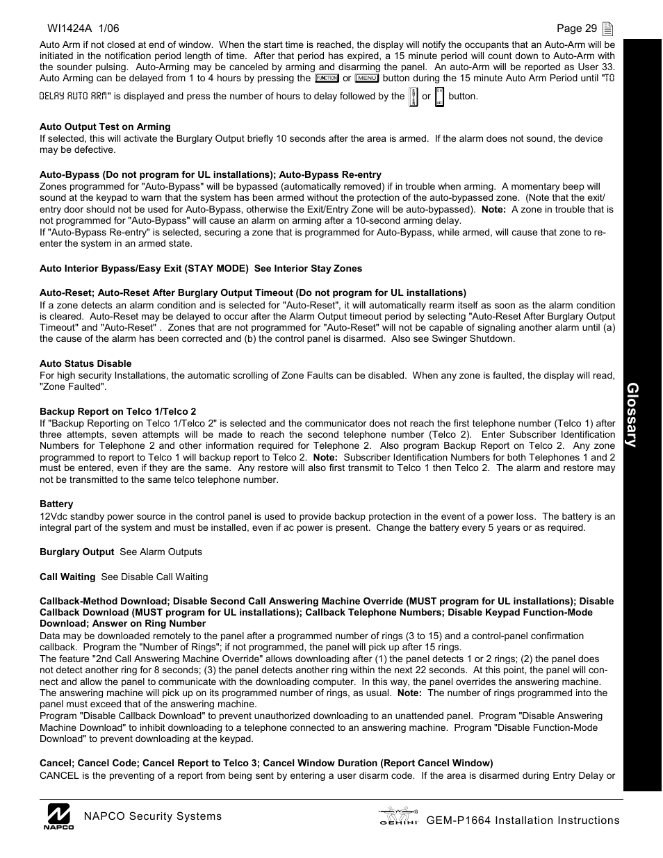 Glossar y | Napco Security Technologies GEM-P1664 User Manual | Page 29 / 60