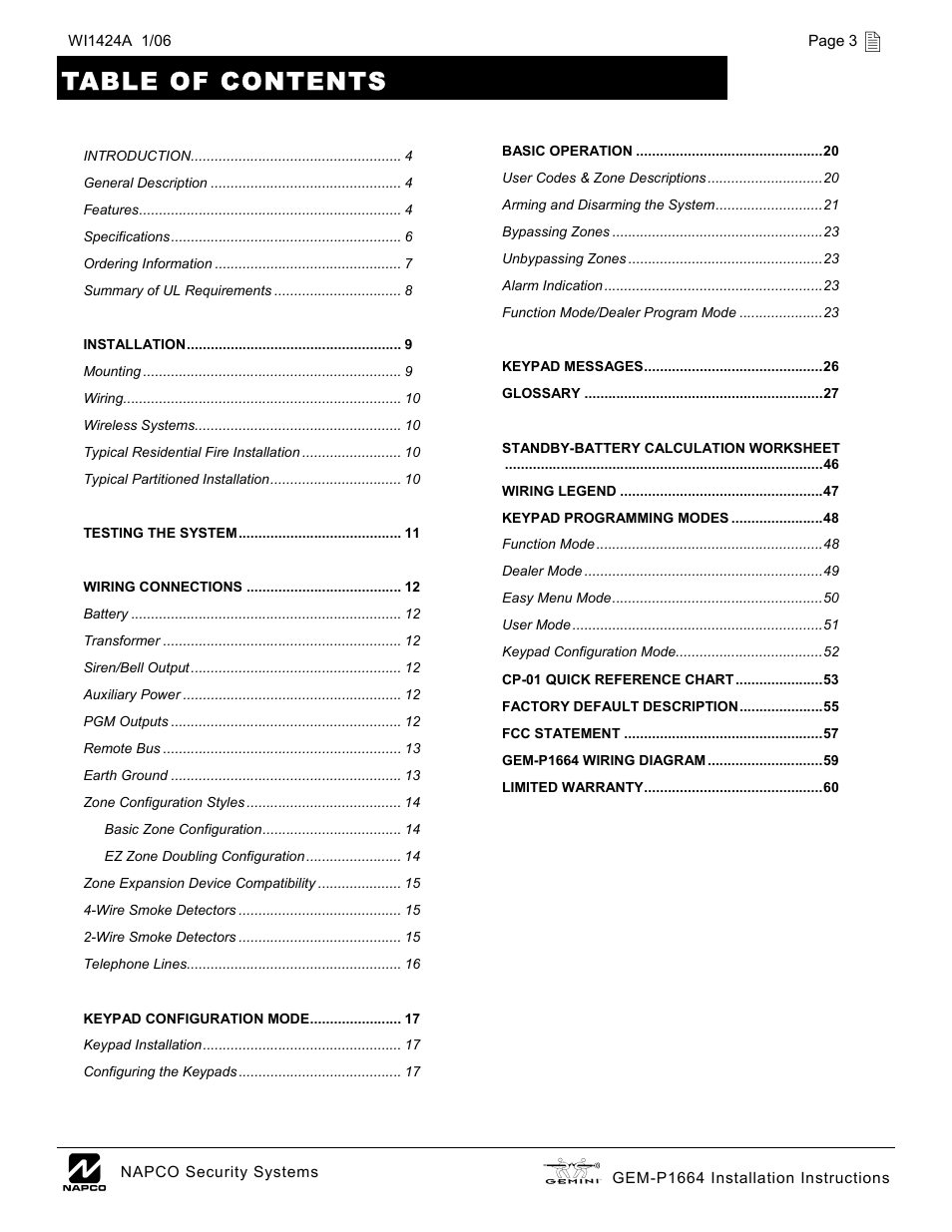Napco Security Technologies GEM-P1664 User Manual | Page 3 / 60