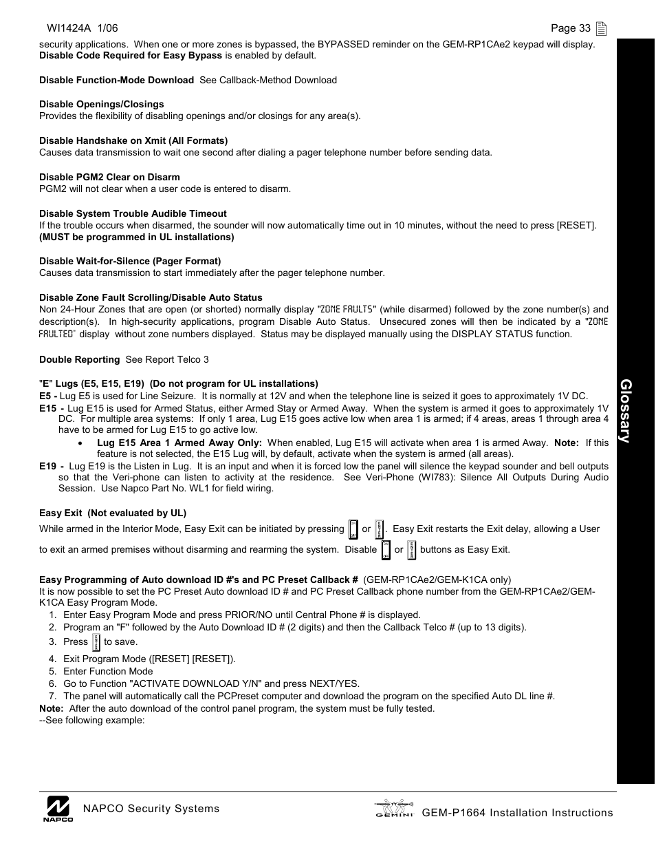 Glossar y | Napco Security Technologies GEM-P1664 User Manual | Page 33 / 60