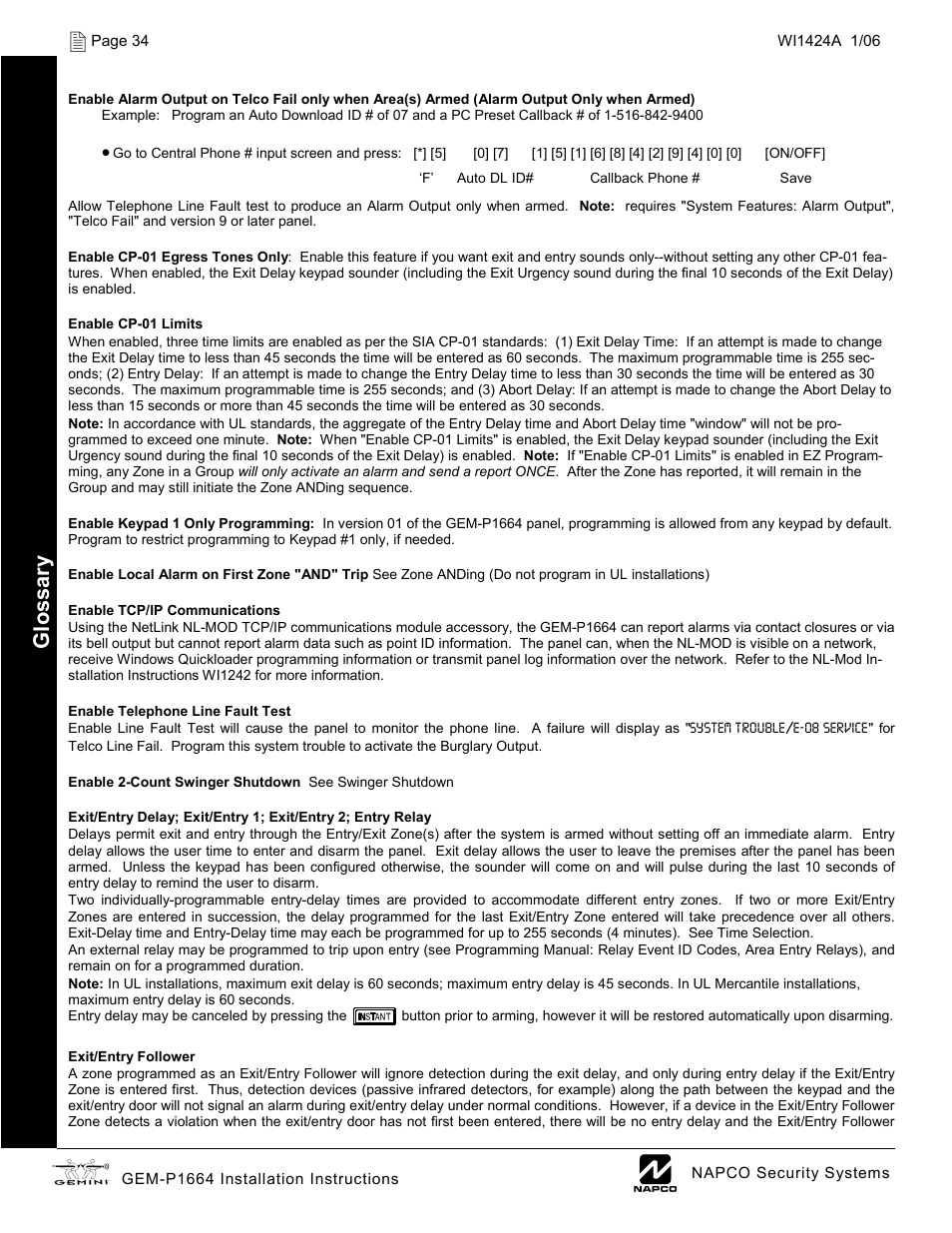 Glossar y | Napco Security Technologies GEM-P1664 User Manual | Page 34 / 60