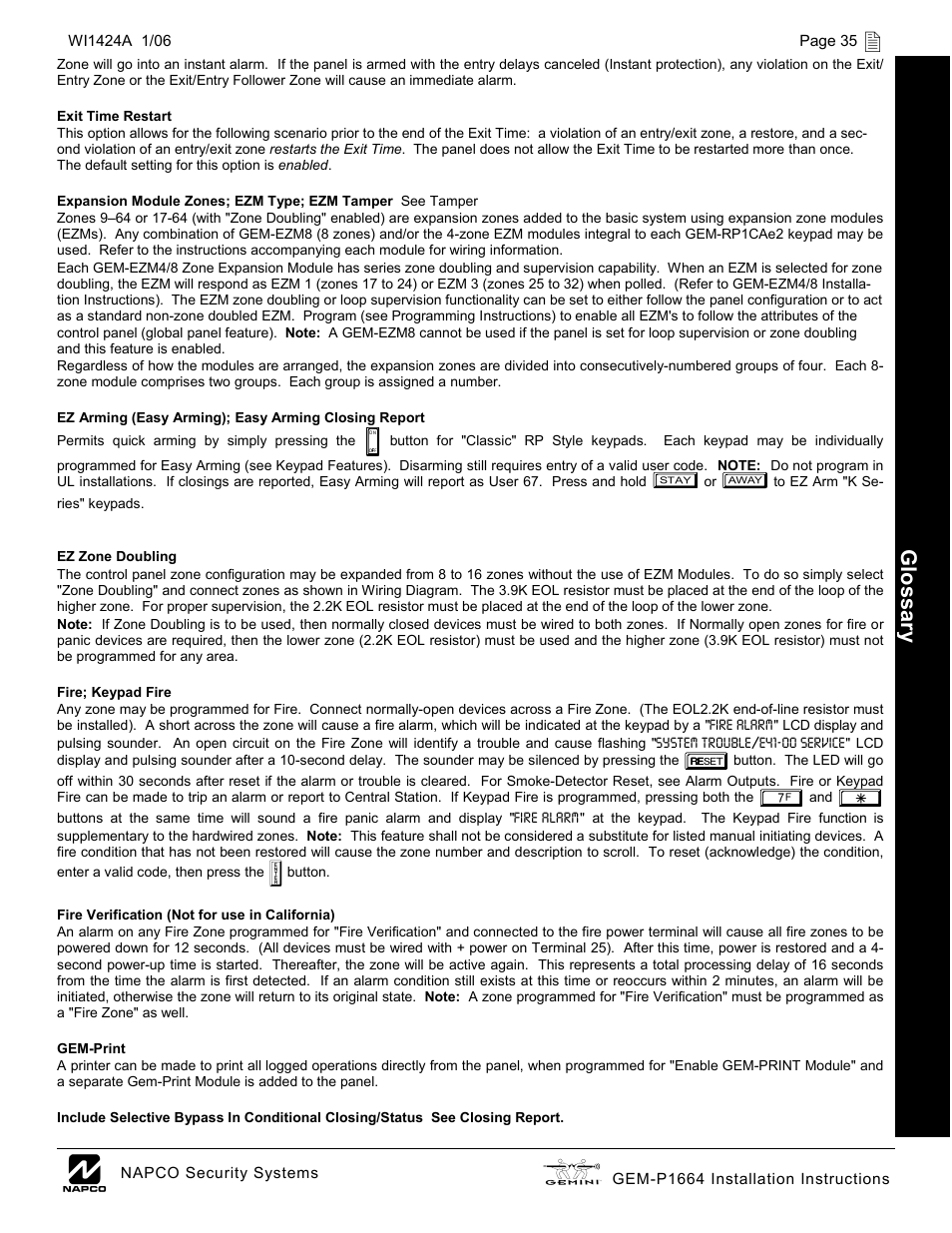 Glossar y | Napco Security Technologies GEM-P1664 User Manual | Page 35 / 60