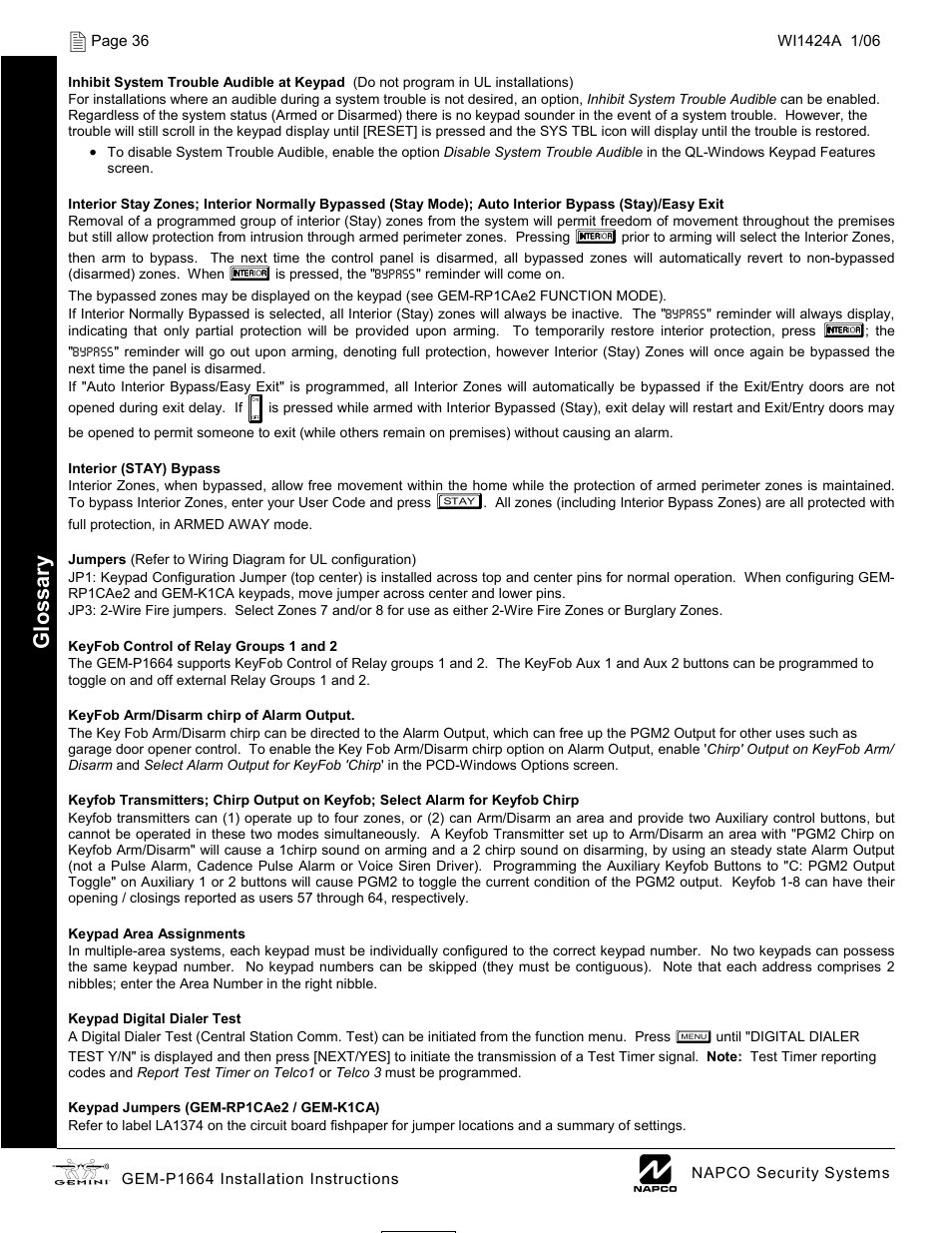 Glossar y | Napco Security Technologies GEM-P1664 User Manual | Page 36 / 60