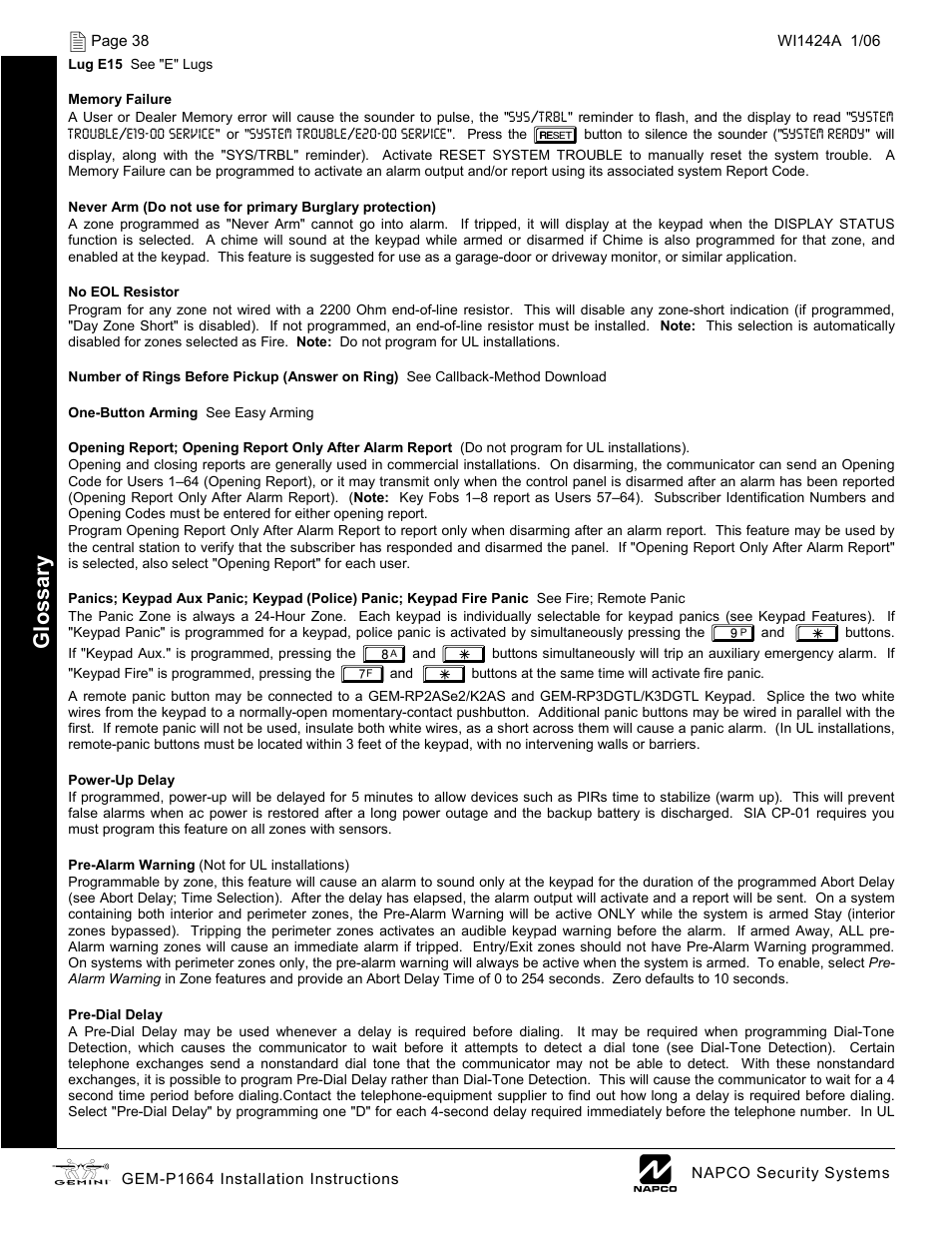 Glossar y | Napco Security Technologies GEM-P1664 User Manual | Page 38 / 60