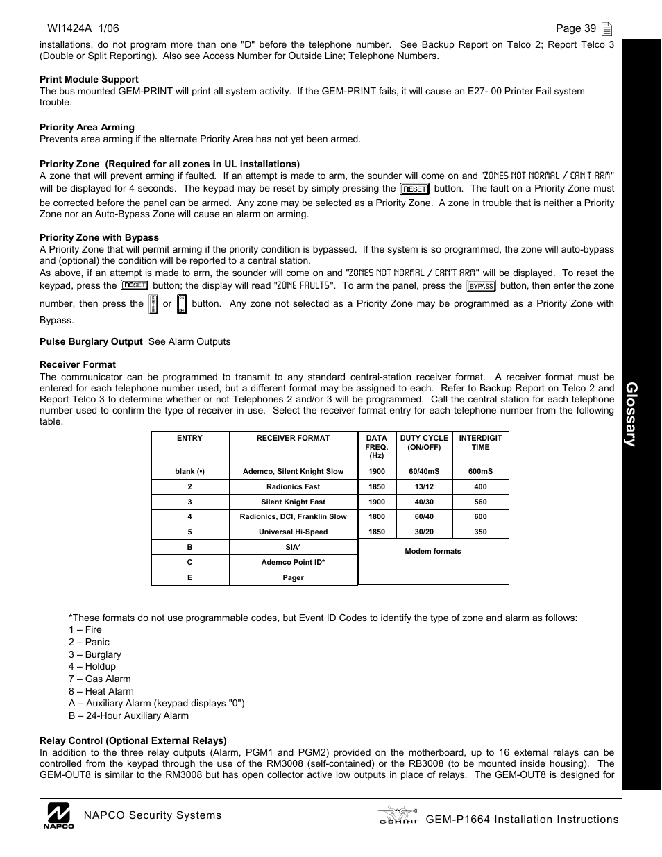Glossar y | Napco Security Technologies GEM-P1664 User Manual | Page 39 / 60
