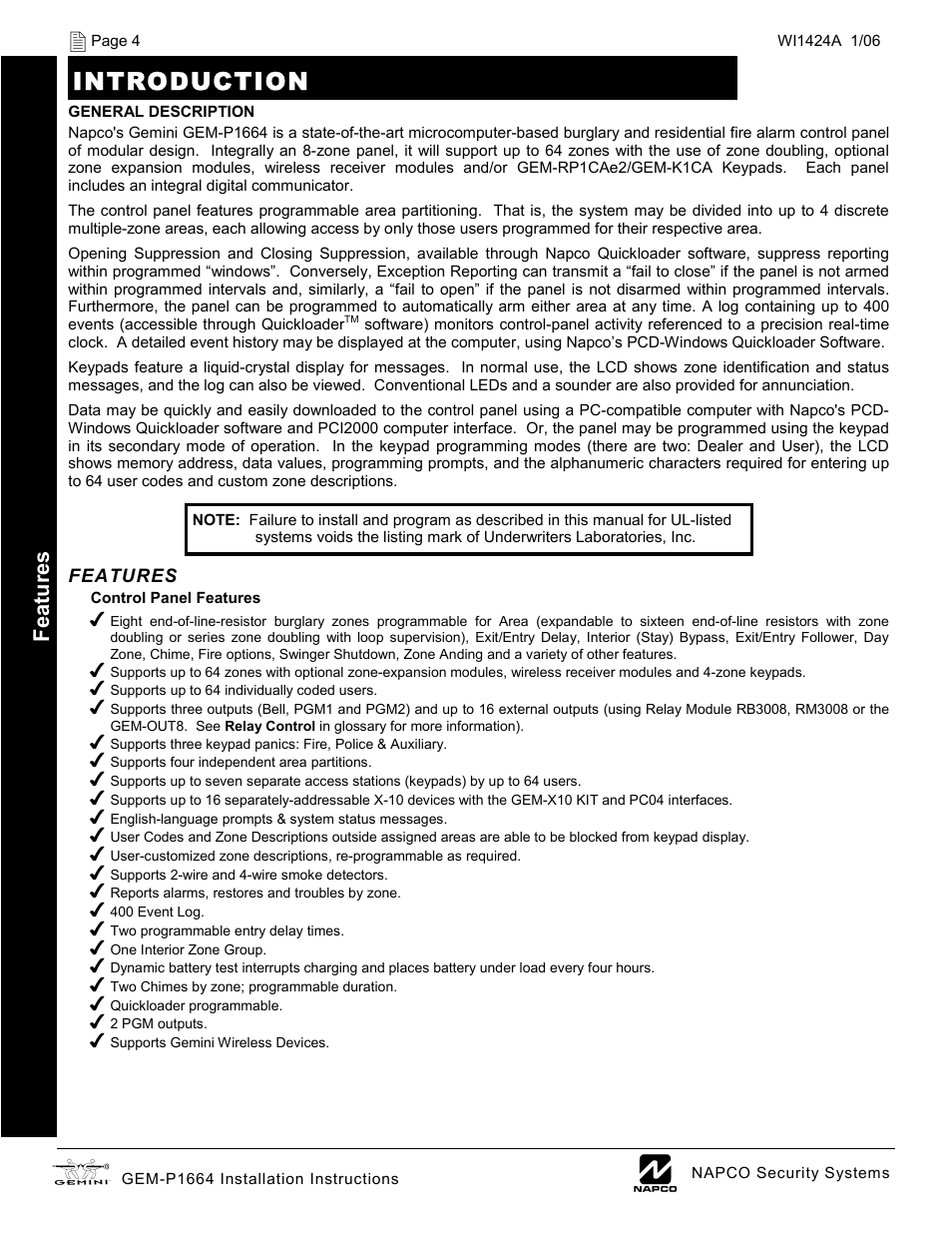 Introduction, Features | Napco Security Technologies GEM-P1664 User Manual | Page 4 / 60