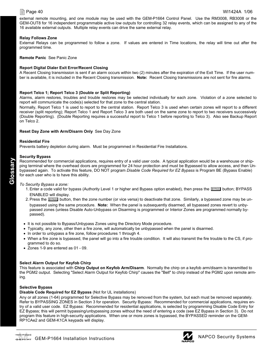 Gl oss ar y | Napco Security Technologies GEM-P1664 User Manual | Page 40 / 60
